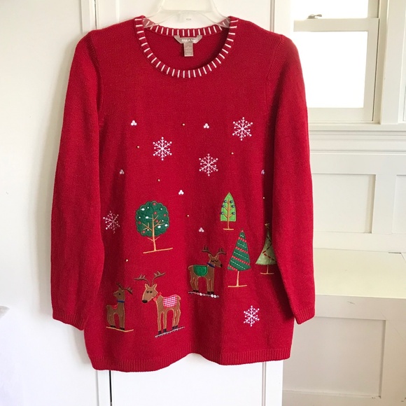 WHITE STAG Christmas Sweater Plus Size 2X 18W 20W Snowflake Reindeer Holiday Red - Picture 1 of 16